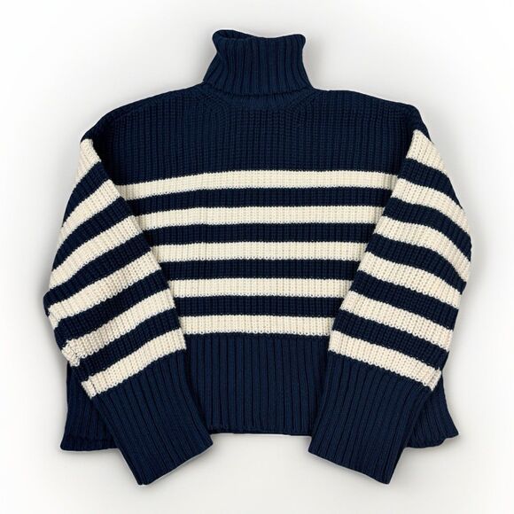 Madewell Chunky Knit Turtleneck Sweater Womans Medium Navy Ivory Nautical Stripe - Picture 1 of 8